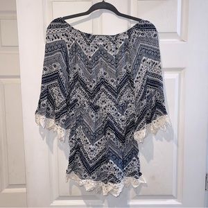 See you Monday off shoulder boho romper with crochet details in size small